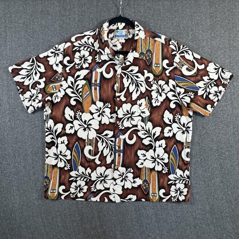 RJC Hawaiian Shirt Mens XL Bark Cloth Brown Hibiscus Surfboards Made in USA